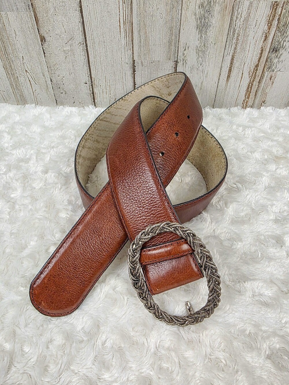 Liz Claiborne Brown Leather Belt with Braided Silver Buckle Size Large